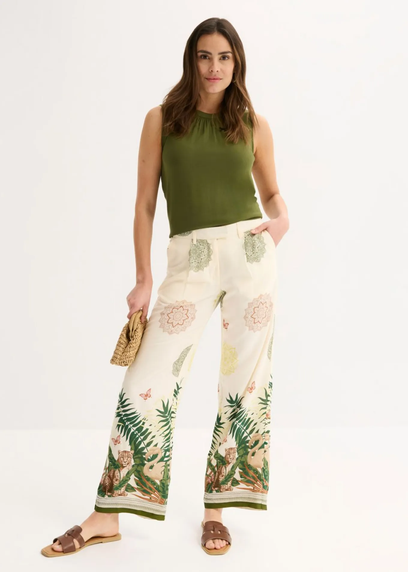 Pantalón ancho de viscosa con estampado en el borde