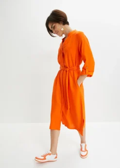 Pantalón de mezcla de lino y viscosa con talle alto y pernera corta