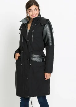 Parka larga con inserciones de piel sintética