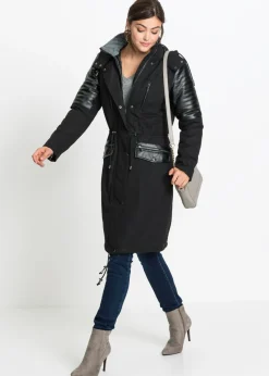 Parka larga con inserciones de piel sintética