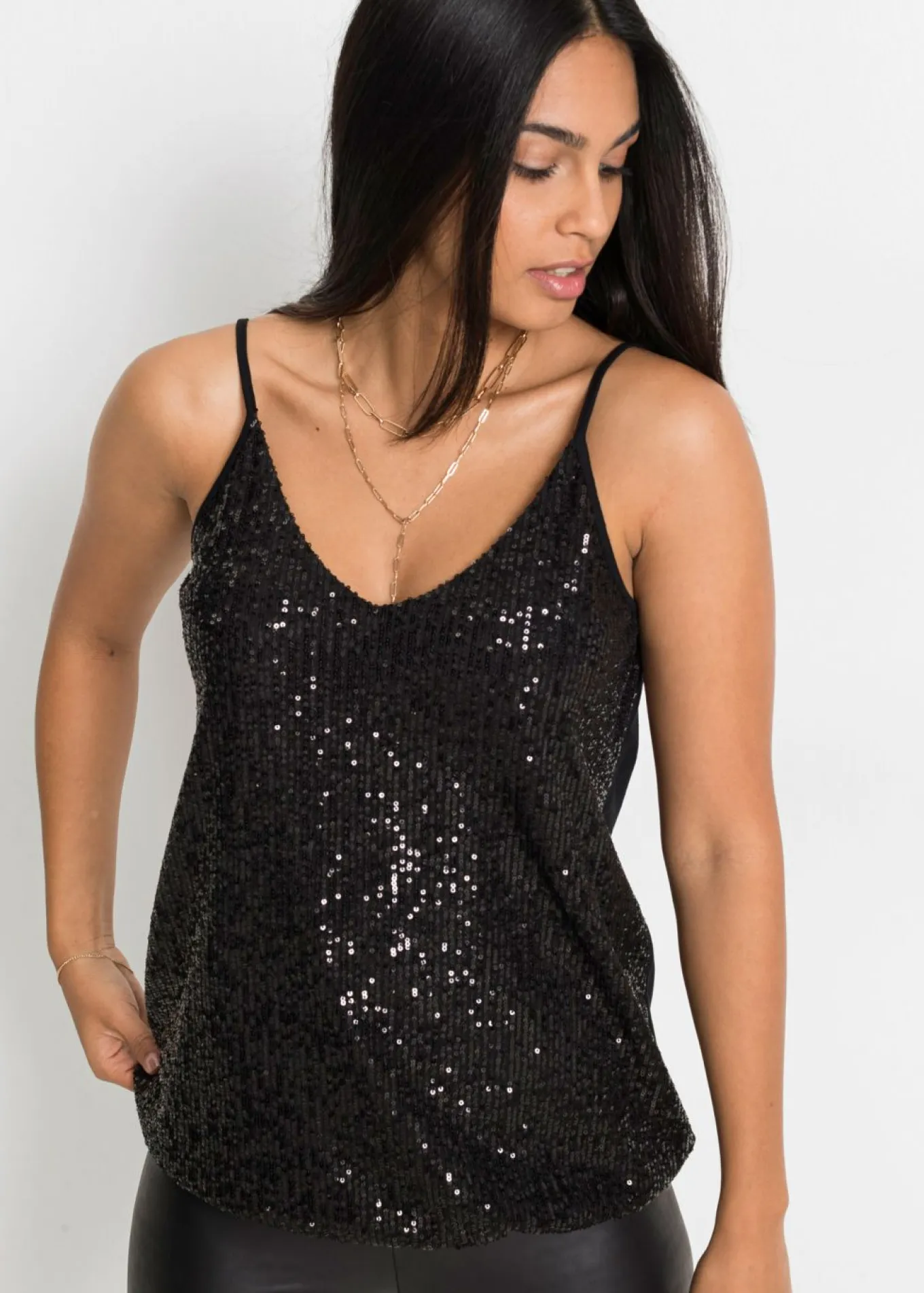 Top de mezcla de viscosa suave con tirantes finos y lentejuelas