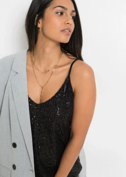 Top de mezcla de viscosa suave con tirantes finos y lentejuelas