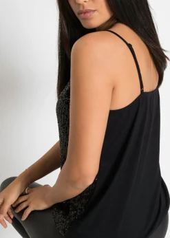 Top de mezcla de viscosa suave con tirantes finos y lentejuelas