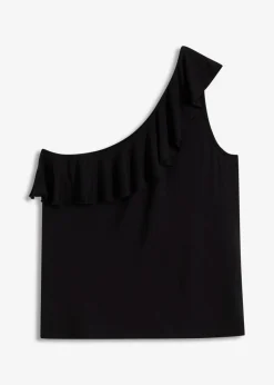 Top de mezcla de viscosa suave con un hombro al descubierto y volante decorativo