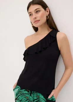 Top de mezcla de viscosa suave con un hombro al descubierto y volante decorativo