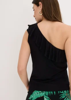 Top de mezcla de viscosa suave con un hombro al descubierto y volante decorativo
