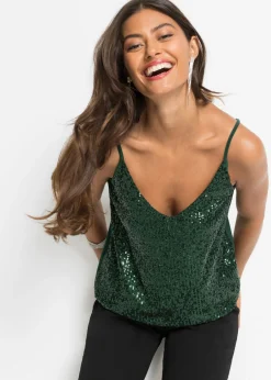 Top de mezcla de viscosa suave con tirantes finos y lentejuelas
