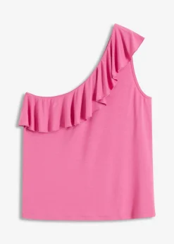 Top de mezcla de viscosa suave con un hombro al descubierto y volante decorativo