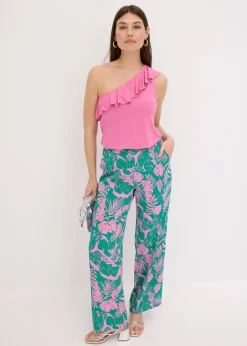 Top de mezcla de viscosa suave con un hombro al descubierto y volante decorativo