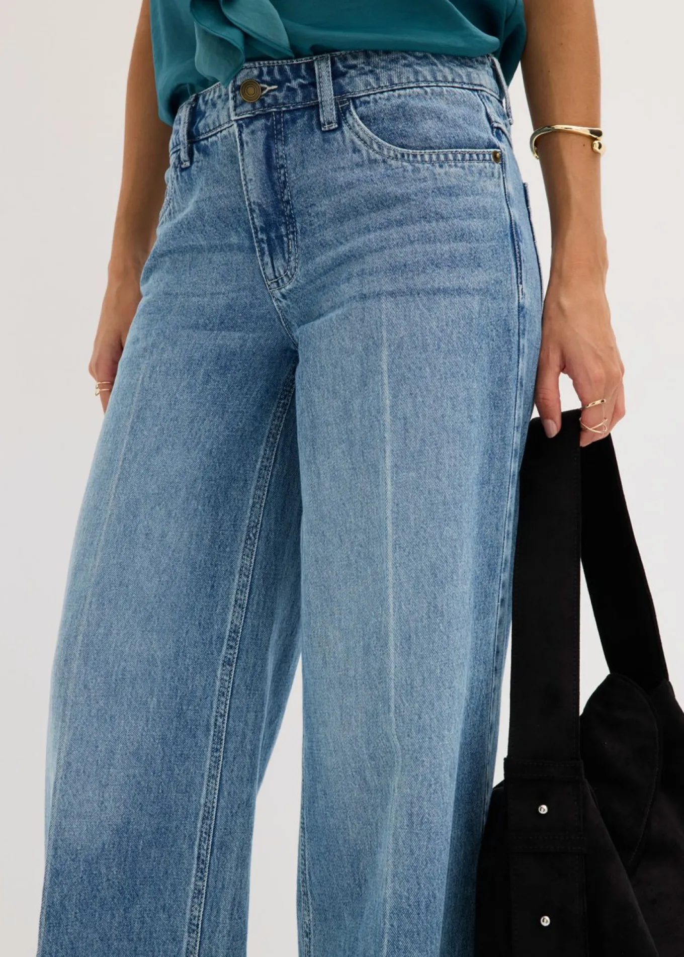 Vaqueros de pernera ancha, mid waist, largo completo y low stretch