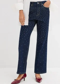 Vaqueros straight, mid waist, con piedras brillantes