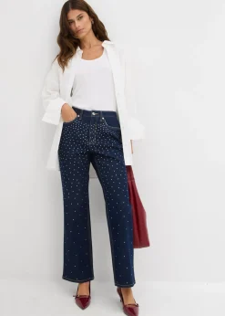 Vaqueros straight, mid waist, con piedras brillantes