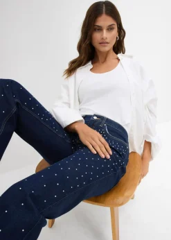 Vaqueros straight, mid waist, con piedras brillantes