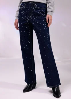 Vaqueros straight, mid waist, con piedras brillantes