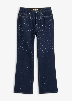 Vaqueros straight, mid waist, con piedras brillantes
