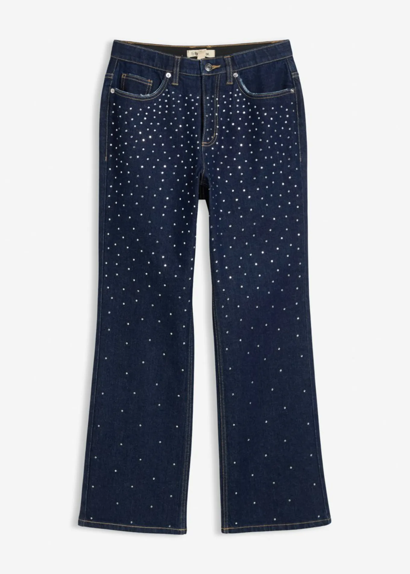 Vaqueros straight, mid waist, con piedras brillantes