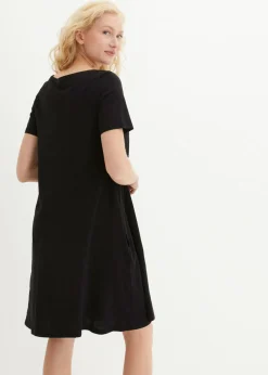 Vestido camisero de hilo flameado con bolsillos de algodón, hasta la rodilla