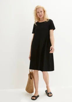 Vestido camisero de hilo flameado con bolsillos de algodón, hasta la rodilla