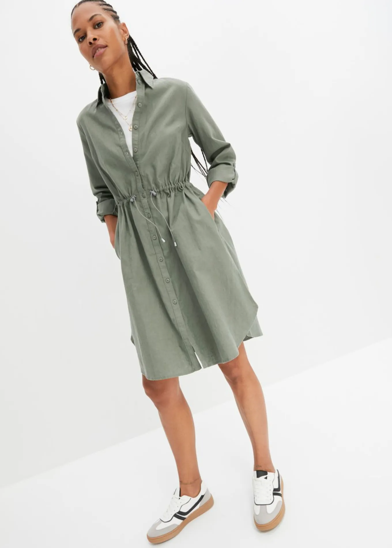 Vestido camisero de mezcla de lino y algodón