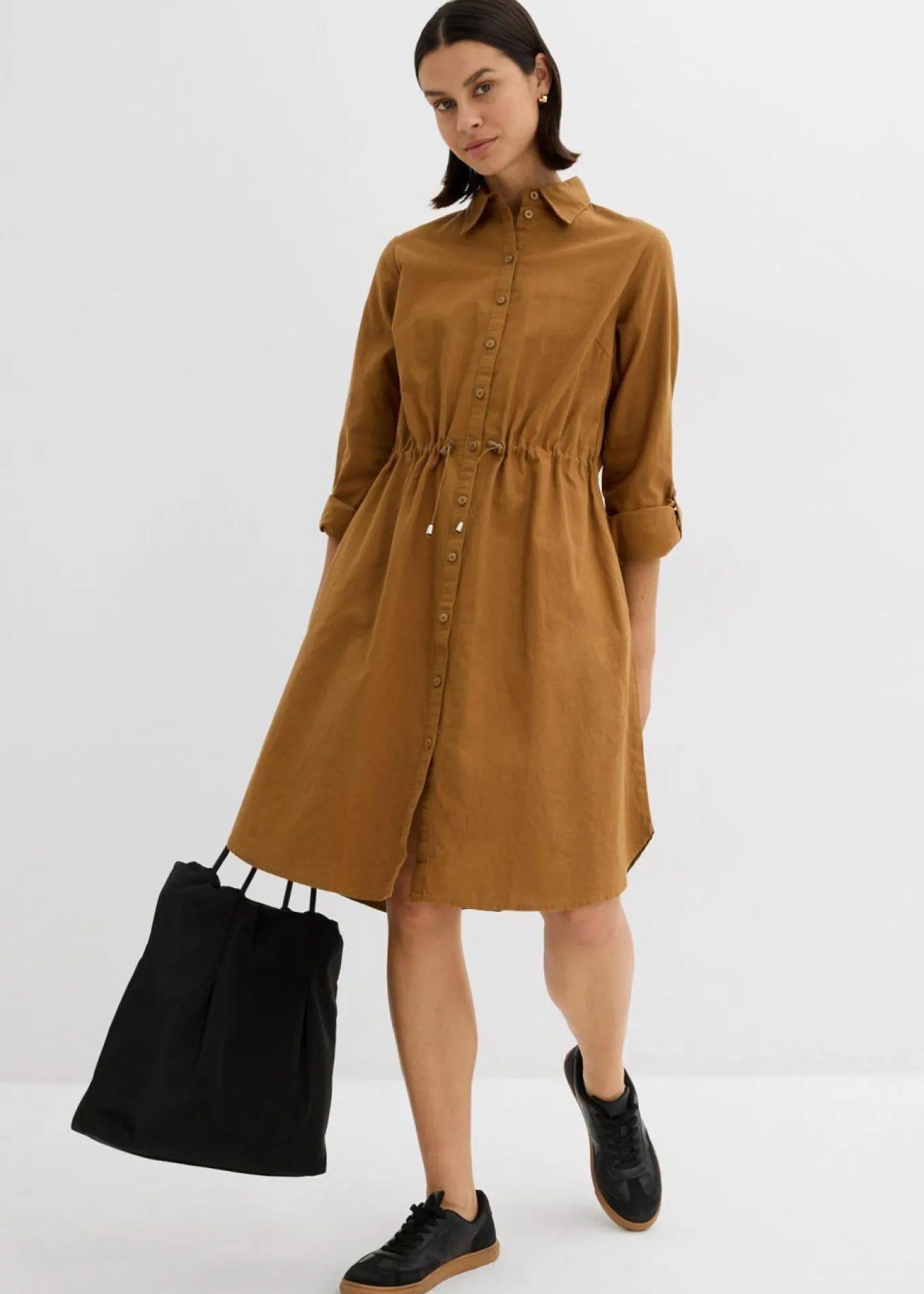 Vestido camisero de mezcla de lino y algodón