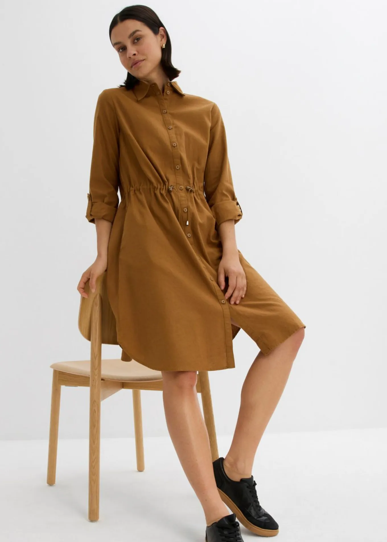 Vestido camisero de mezcla de lino y algodón