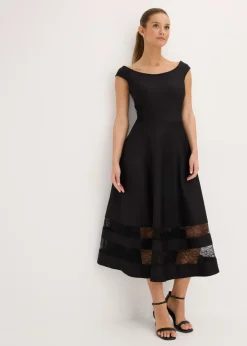 Vestido con escote bañera, encaje y cinturón