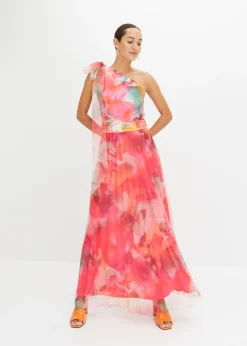 Vestido con un hombro al descubierto y falda de tul plisado