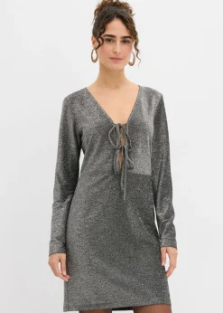Vestido corto con material brillante y detalle de lazo