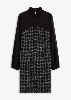 Vestido corto de bouclé con mangas de gasa