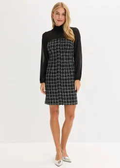 Vestido corto de bouclé con mangas de gasa