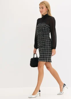 Vestido corto de bouclé con mangas de gasa