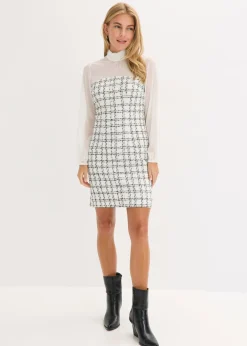 Vestido corto de bouclé con mangas de gasa
