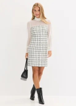 Vestido corto de bouclé con mangas de gasa
