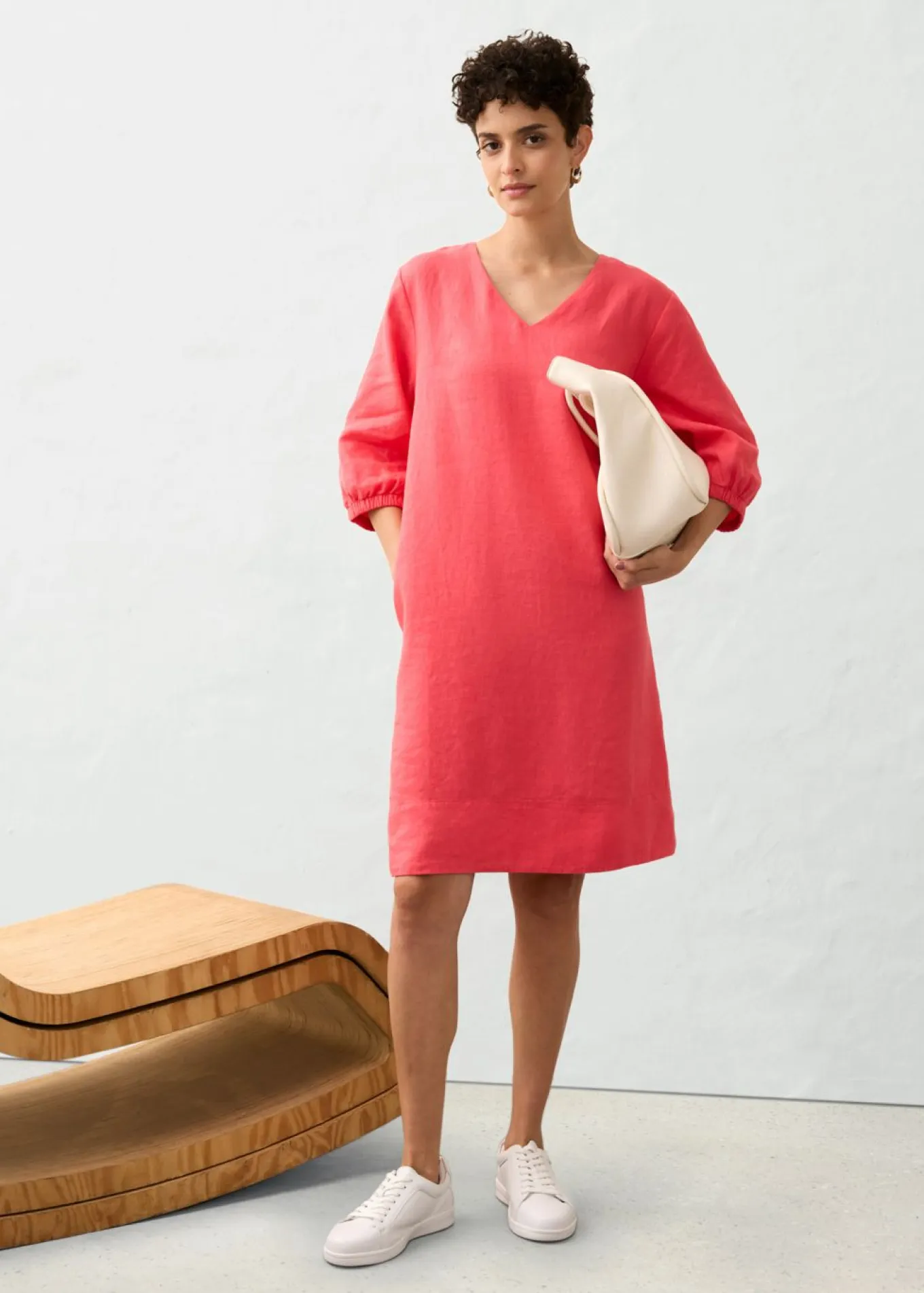 Vestido de lino puro con mangas 3/4