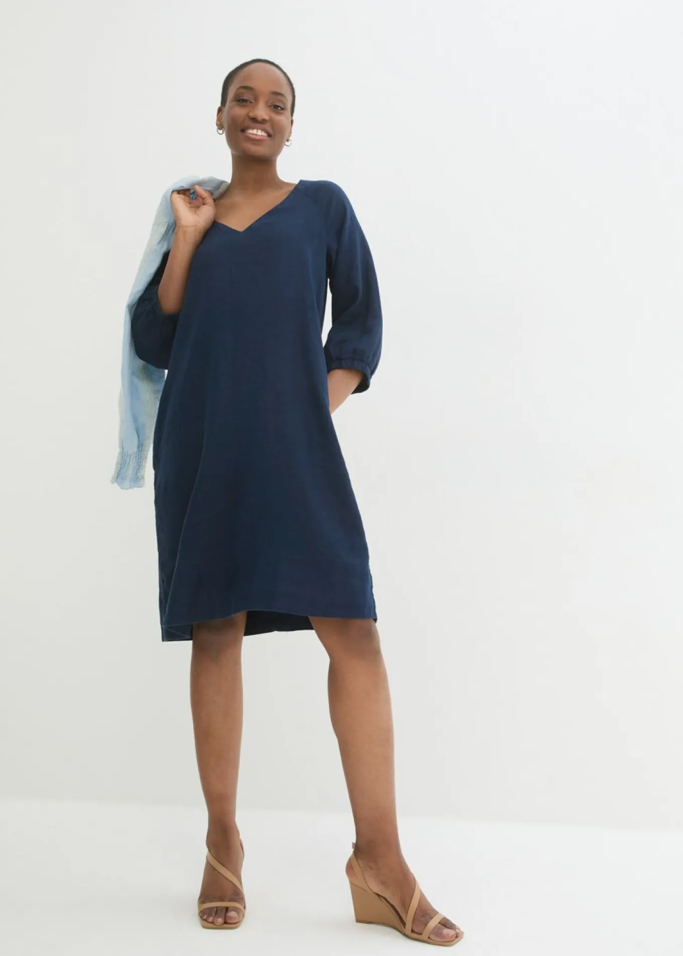 Vestido de lino puro con mangas 3/4