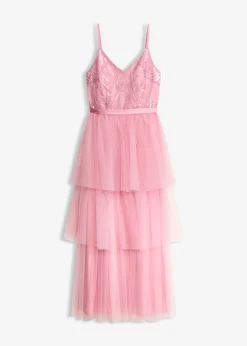 Vestido de noche con encaje y falda de tul fino