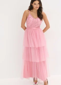 Vestido de noche con encaje y falda de tul fino