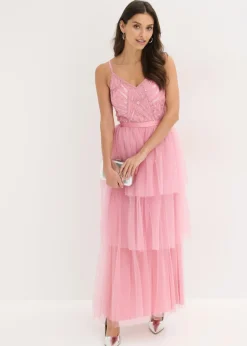 Vestido de noche con encaje y falda de tul fino