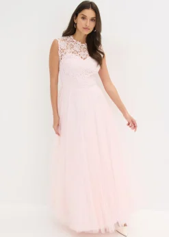 Vestido de noche con encaje y falda de tul fino