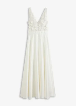 Vestido de novia de satén brillante con aplicaciones de flores