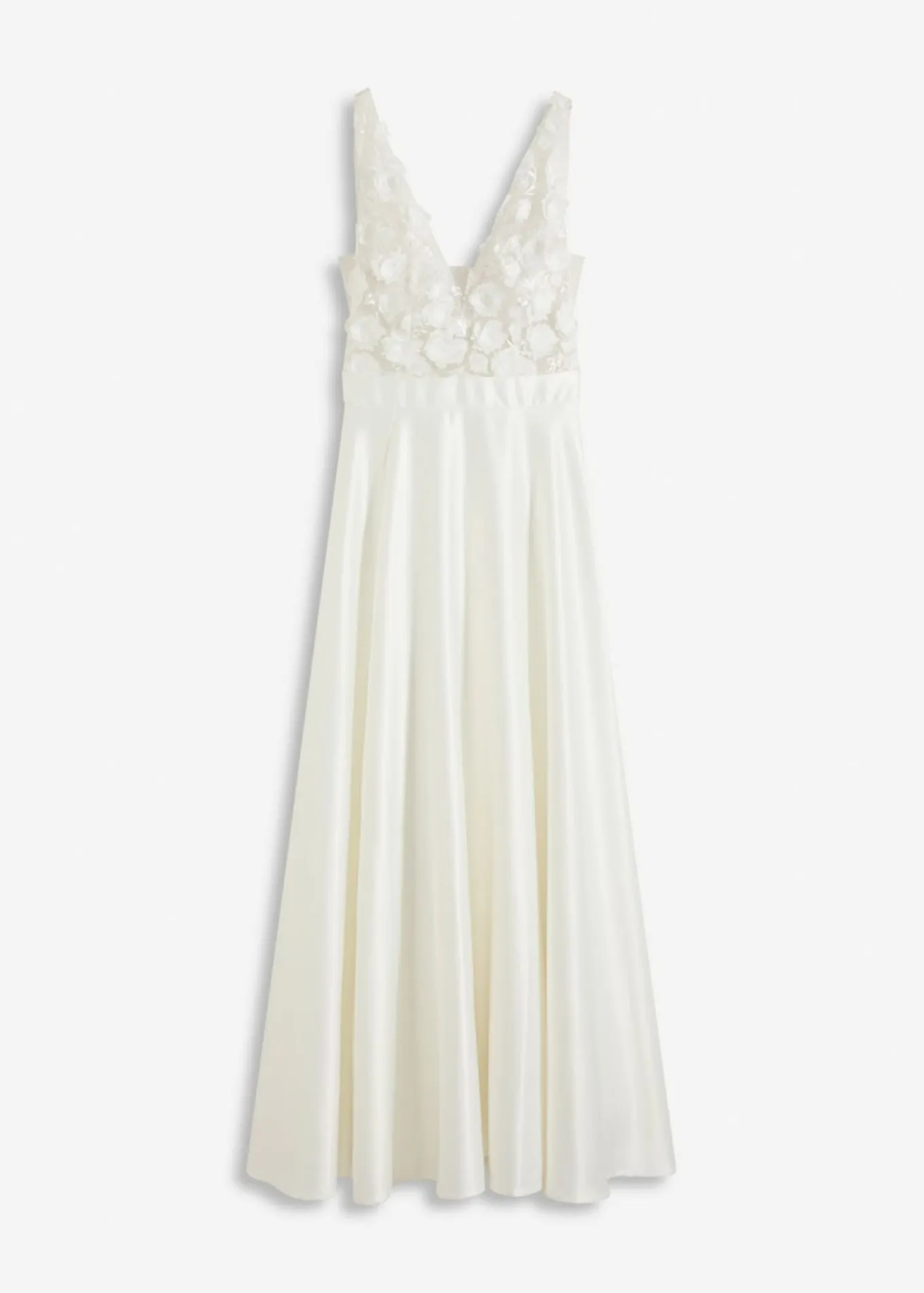 Vestido de novia de satén brillante con aplicaciones de flores
