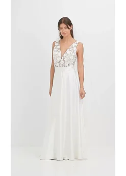 Vestido de novia de satén brillante con aplicaciones de flores