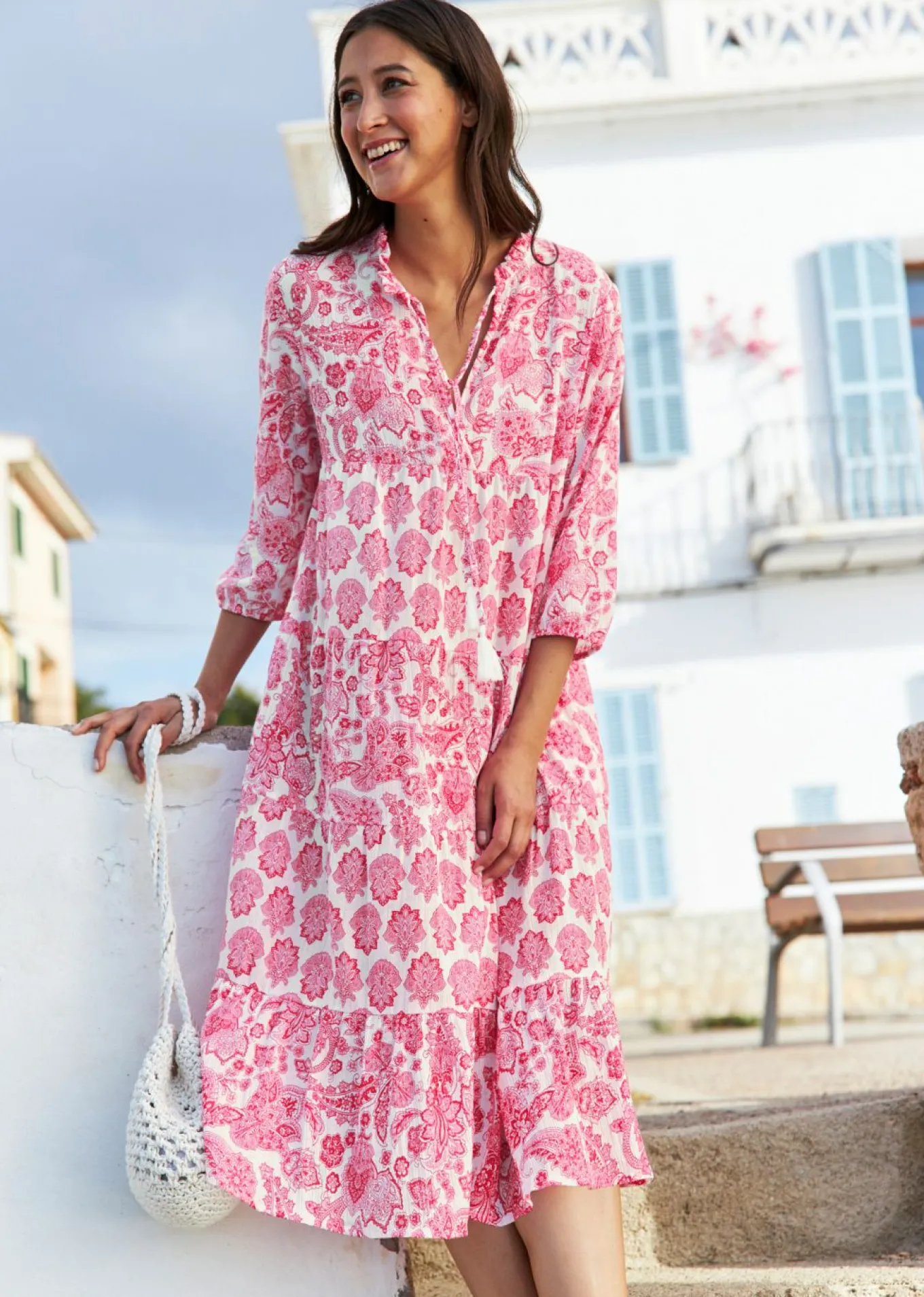 Vestido largo arrugado de algodón con bolsillos