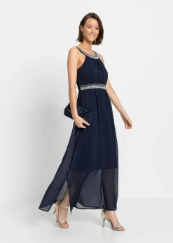 Vestido largo con aplicación de piedras brillantes