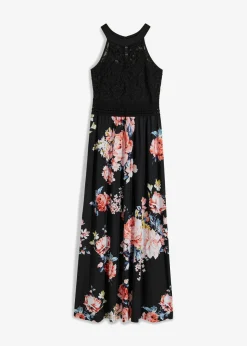 Vestido largo con estampado floral y encaje