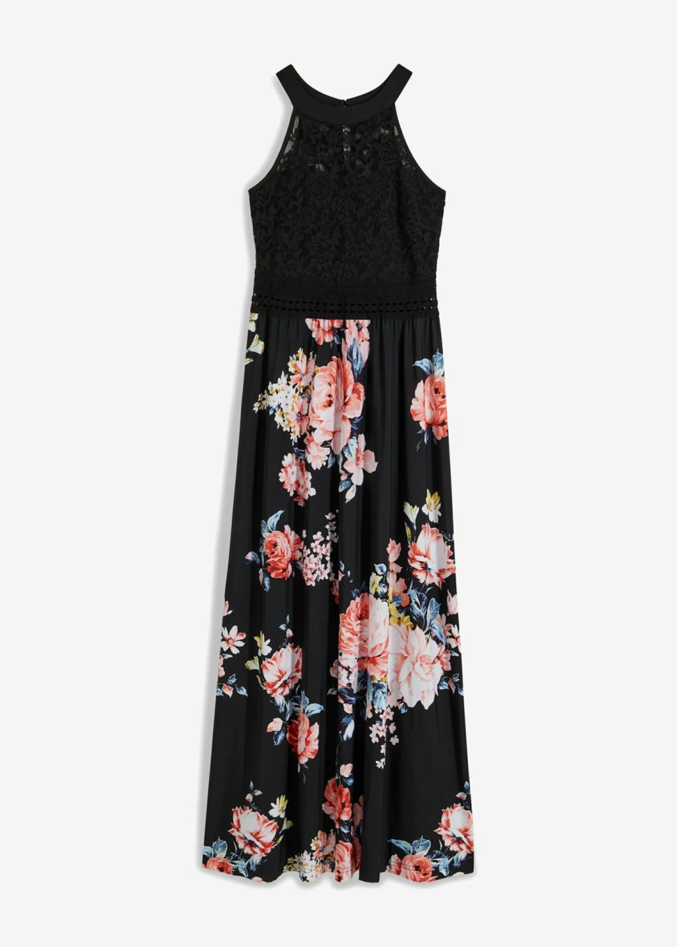 Vestido largo con estampado floral y encaje
