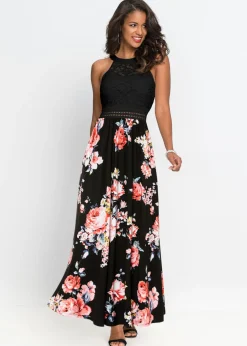 Vestido largo con estampado floral y encaje
