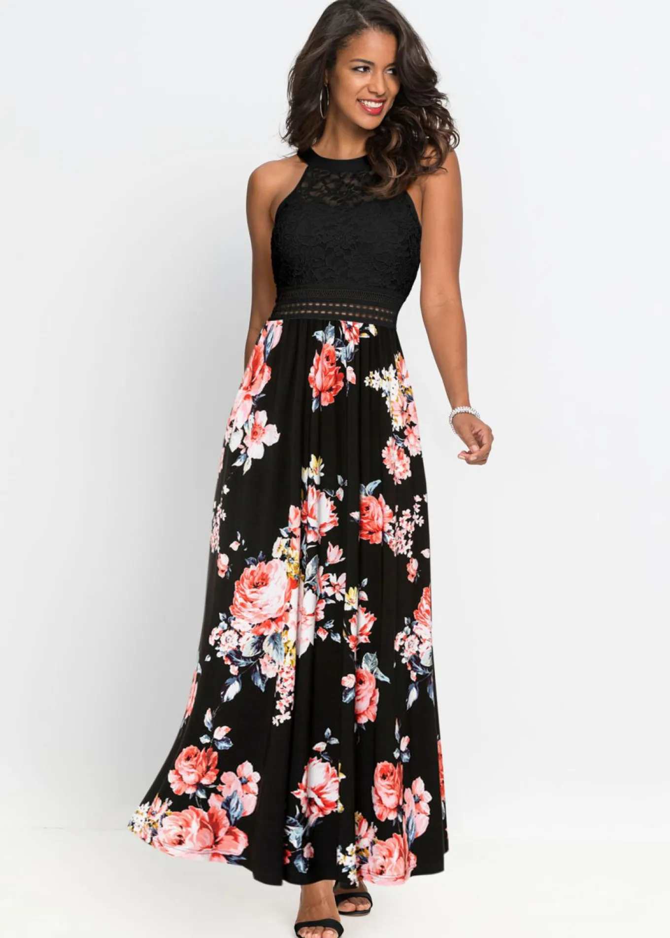 Vestido largo con estampado floral y encaje