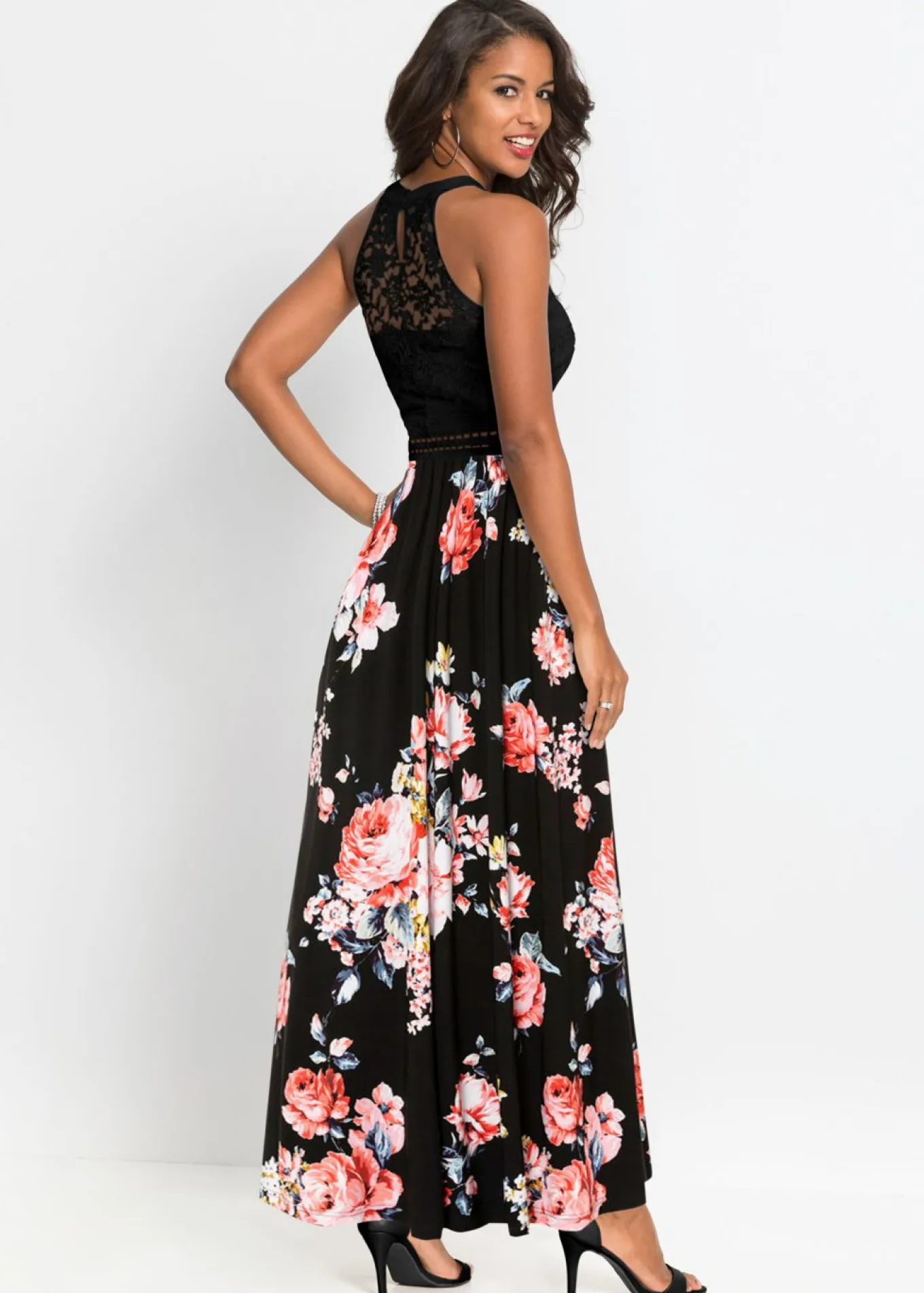 Vestido largo con estampado floral y encaje