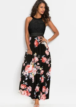 Vestido largo con estampado floral y encaje